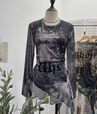 Real Shooting Babes Long Sleeves And Jersey Net Yarn Dye Printing Irregular Lotus Leaf Edge Ribbon Folding Top 9998
