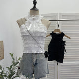 Real Shooting Guangzhou Women's Clothing Hanging Neck Vest Bow Layer Lace Splicing Short Sleeveless Top 2858