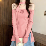 Pure Three-Dimensional Flowers Shoulder-Opened Long-Sleeved Knitted Shirt 2025 Autumn New Slim Top Woman Tide
