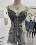 Real-Hand Shot Vintage Babes With Thaired Hairy Denim Sling Vest Short Umbilly Sleeveless Top 2690