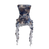 Dizzly Dyed Mesh Printing With Anti-Slip Striped Chest Vest Splicing Lace Irregular Ribbon Belt 7231