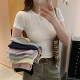 Round Collar Shoulder Short-Sleeved T-Shirt Women's Summer 2025 New Slimming Fish Bone Line Short-Hitting Shirt