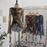 Real Shooting Hot Girl Horn Sleeve Net Yarn Bottom Shirt Girl Body Waste Wind Irregular Ribbon Long-Sleeved Top 2708