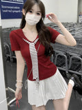 Korean Version Of The College Wind Navy Collar Stripe + Ribbon With Short-Sleeved T-Shirt Women's Summer Heart Machine V Collar Straight Shoulder Chic Top