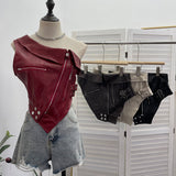 Slap Song Suit Hottie Buckle Irregular Zipper Slanted Shoulder Pu Coat Short Leather Vest Woman 2779
