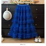 New Heavy Industry Lace Cake Skirt Long Dress Sweet Wind High Waist Wood Ear Mesh Skirt 8103
