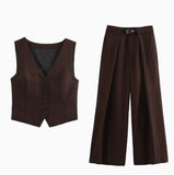 Summer New V-Neck Single Buckle Vest With Belt Broad Leg Trousers Suit For Women