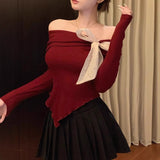 Small Fragrant Wind Bow Bottom Knitted Shirt Long Sleeve Autumn And Winter Single Shoulder Pure Desire Red Top Inside Put On The Inside