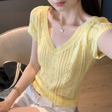 Unique Special Hollow Micropermeable V-Neck Knitted Short-Sleeved T-Shirt For Women 2025 Summer New Slim Slim Top