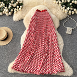 Printed Wave Folding Skirt High Waist Thin Temperament Long Dress Commuter Lattice Half Skirt A-Dress Skirt