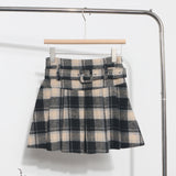 Real Shooting With Belt ~ Lattice Hair Of The Hundred Folded Skirt High Waist Anti-Light Small A Word Short Skirt 8382