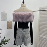 Real Shot Removable Hairy Collar Shoulder Long-Sleeved T-Shirt Repair Body-Wearing Short Thai Tie Top 1370