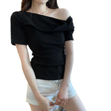 Korean Hottie Twisty Fold Design Tilt Shoulder Short-Sleeved T-Shirt Girl 2025 Summer New Pure Lust-Loan Shoulder Coat