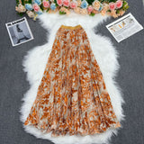 Printed Folded A-Word Half-Dress Girl's Long-Term Loose Waist 100-Fold Skirt Literary Retro Style Dress Swing
