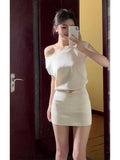 Super Nice Beautiful White Knitted Shoulder Short Sleeve Dress Gentle Korean Temperament Pocket Ass Short Skirt