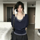 Korean Niche Middle-Sleeved T-Shirt Women Wear Hanging Neck Striped Vest In Summer Slim Top Two Sets