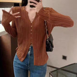 Korean V-Neck Knitted Shirt Women's Clothing Early Autumn New Buckle Top Cardigan