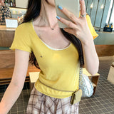 Sweet And Gentle Wind Shoulder U Collar Two Short-Sleeved T-Shirt Women's Summer 2026 New Burst Small Short Top