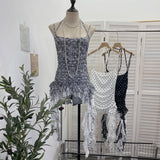 Real Shooting Wave Point Lace With Hanging Neck Sling Vest Splicing Lace Irregular Ribbon Mesh Sleeveless Top 16511