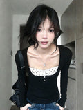 Spice Girl Collar Lace-Point Long-Sleeved T-Shirt Girl Spring New Repair Fake Two Bottoming Shirt Inside The Top