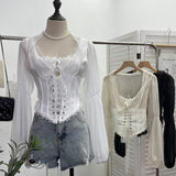 French Court Wind Strapped With Waist Fish Bone Shirt Lace Shirt Back Waist To Take Short Top 8803
