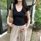 Korean Super-Look U-Neck Shoulder Short-Sleeved T-Shirt Girl 2025 Summer Thin Slimming Unique Beautiful Blouse