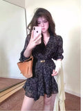 French Temperament V-Neck Broken Floral Dress Women Autumn 2025 New High-End Small Man To Collect The Waist Thin Short Skirt