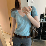 Unique Special Hollow Micropermeable V-Neck Knitted Short-Sleeved T-Shirt For Women 2025 Summer New Slim Slim Top