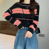 Short Knitted Shirt Women Spring Autumn Korean Chic Style Wearing Striped Hit-Bottomed Shirt Lazi Long-Sleeved Top