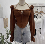 Real Shooting Explosion Two-Word Shoulder Hanging Neck Sling Shirt Irregular Horn Sleeve Chiffon Top 8873