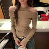 Design Sense Unique Fake Two-Word Shoulder-To-Shoulder Long-Sleeved Knitted Shirt Woman 2025 Autumn New Single Wear Small Top