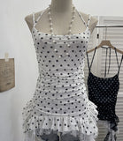 Real Shooting Wave Point Lace With Hanging Neck Sling Vest Splicing Lace Irregular Ribbon Mesh Sleeveless Top 16511