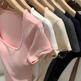 2026 Early Spring Temperament Explosion With Breast Pad Hottie Collar Shoulder Short-Sleeved T-Shirt New Summer