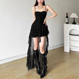 Pure Lusty Black Sling Dress Women's Summer Irregular Thin Short Skirt Niche Waist Lotus Leaf-Side Skirt