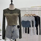 Real Shooting Hottie Letter-Print Mesh Spliced Cowboy Long-Sleeved Bottom Shirt Blouse Short T-Shirt Girl 2623