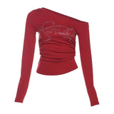 Letters Hot Diamond Collars With Long-Sleeved T-Shirts For Women's Folds Slimy Hottie Tops