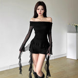2025 Sweet Spicy Sister Wind Lotus Leaf Side Splicing A Word Shoulder Long-Sleeved T-Shirt Girl Slimmed Hottie Autumn Dress