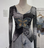 Real Shooting Pure Sexful V-Neck Umbilly T-Shirt Female Hairy Denim Butterfly Embroidered Mesh Yarn Long Sleeve Top 9996