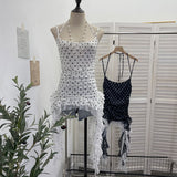 Real Shooting Wave Point Lace With Hanging Neck Sling Vest Splicing Lace Irregular Ribbon Mesh Sleeveless Top 16511