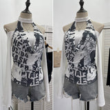Real Shooting Hottie Letter Print Mesh Collar Splicing Neck One-Word Shoulder Long-Sleeved T-Shirt Short Top 2780