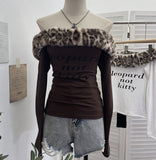 Real Shooting Removable Leopard-Print Hair Collar Shoulder Long-Sleeved T-Shirt Hottie Slim Print Shoulder Thin Velvet Top 1377