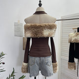 Dizzling Dyeing Collar Splicing Composite Thin Velvet Hanging Neck Shoulder Long Sleeve Top Short Slim T-Shirt 1391