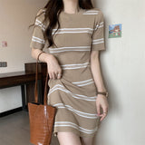 Striped Short-Sleeved Round-Neck Knitted Dress Women's Early Autumn New Slim Fresh Sweet Long Skirt