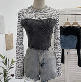 Real Shooting Hottie Letter-Print Mesh Spliced Cowboy Long-Sleeved Bottom Shirt Blouse Short T-Shirt Girl 2623