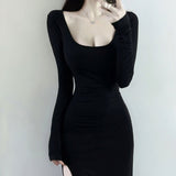 Spring And Autumn 2025 New Long-Sleeved Slimmed-Up Women's Waist Thin Side Open-Butd Long Skirt Thai