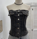 Vintage Water Wash Denim Breasts A Word Shoulder Button Open Shirt Vest To Take Sleeveless Top Lady 617