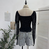 Real Shoot Hollow Perspective Lace Jersey Hot Girl Sexy Bump Color Mesh With Chest Cushion Long Sleeves Short Shoulder Top 9652