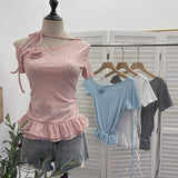 Real Shooting Pop Point Tie With Hanging Neck Slanted Shoulder Short Sleeve Blouse With Elastic Short T-Shirt Girl 2850