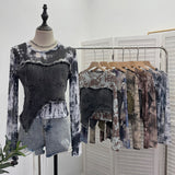 Solid Shooting Tie-Dye Print Spliced Denim T-Shirt Girl Autumn Design Sense Irregular Hair Side Short-Sleeved Top 2617