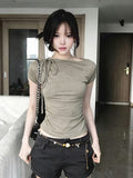 Vintage Retro Strap Slanted Shoulder Short-Sleeved T-Shirt For Summer 2026 New Slimming Hottie Small Top